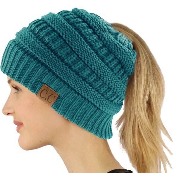 C.C Accessories - C.C. Teal Knit Beanie with Ponytail Opening.